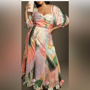 Anthropologie Hutch Printed Twist-Front Puff-Sleeve Ruffle-Hem Dress